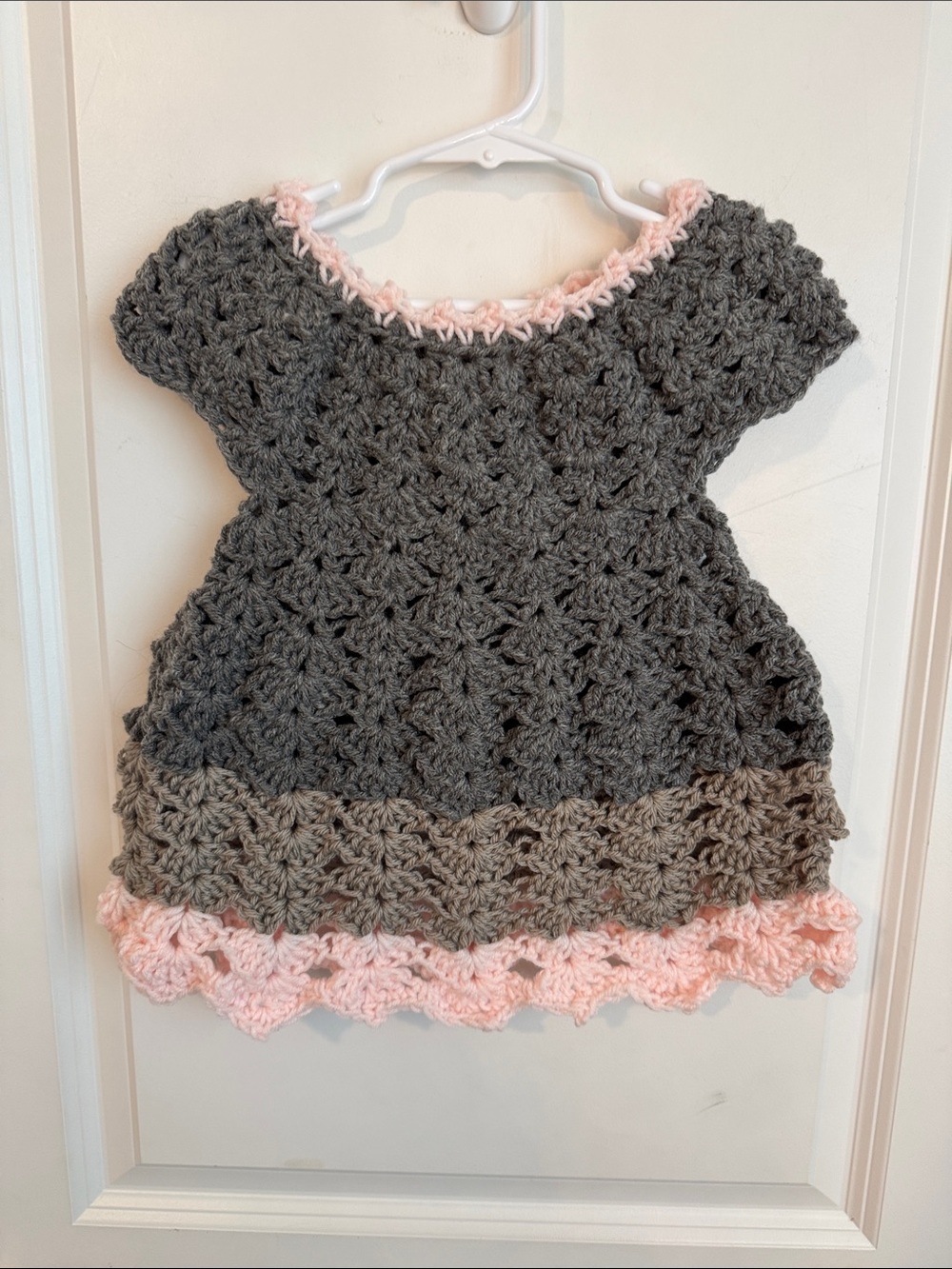 Handcrafted Grey and Pink Trim Crochet Casual Dress for Kids